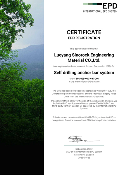 Sinorock Self-Drilling Anchoring System Completes EPD Registration